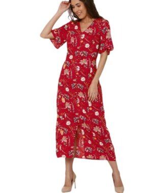 Vera Moda Womens Button Front Maxi Dress Red Floral M